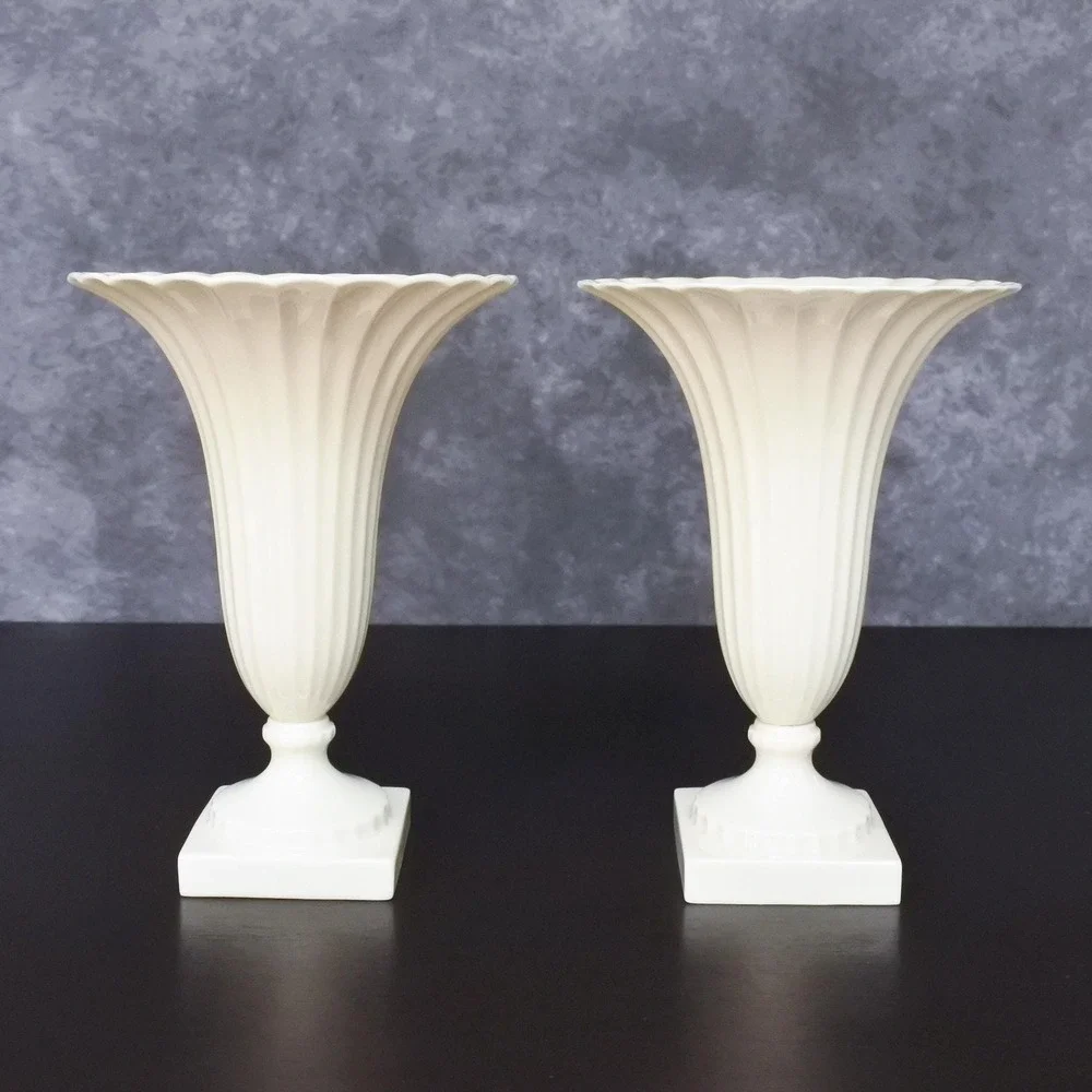 Vintage Lenox Neoclassical Ivory Fluted Pedestal Vase Pair Green Mark